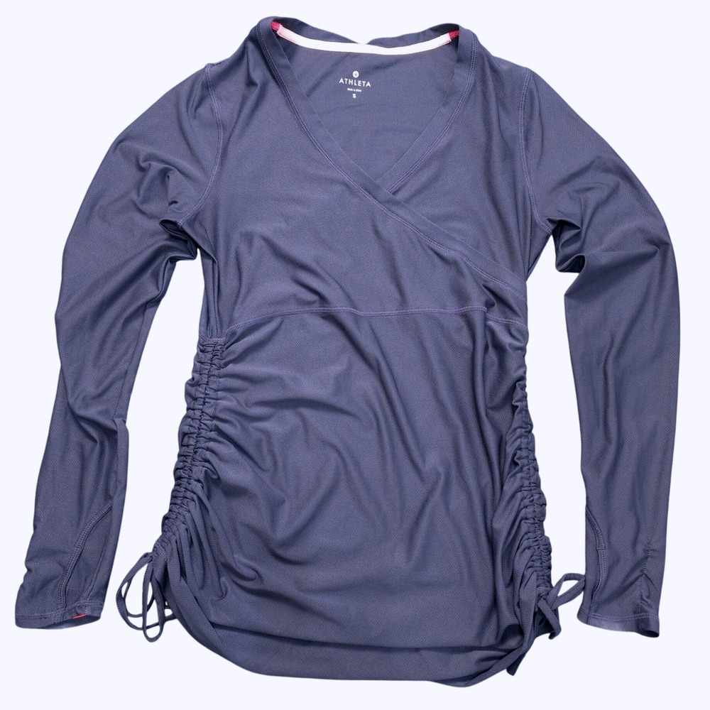 Athleta Womens Small Black Ruched Side Long Sleeve V-Neck Performance Yoga Top